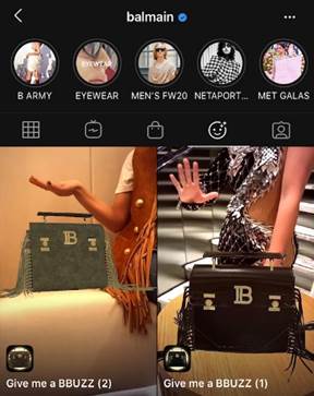 The use of Instagram highlights and AR filters by “Balmain